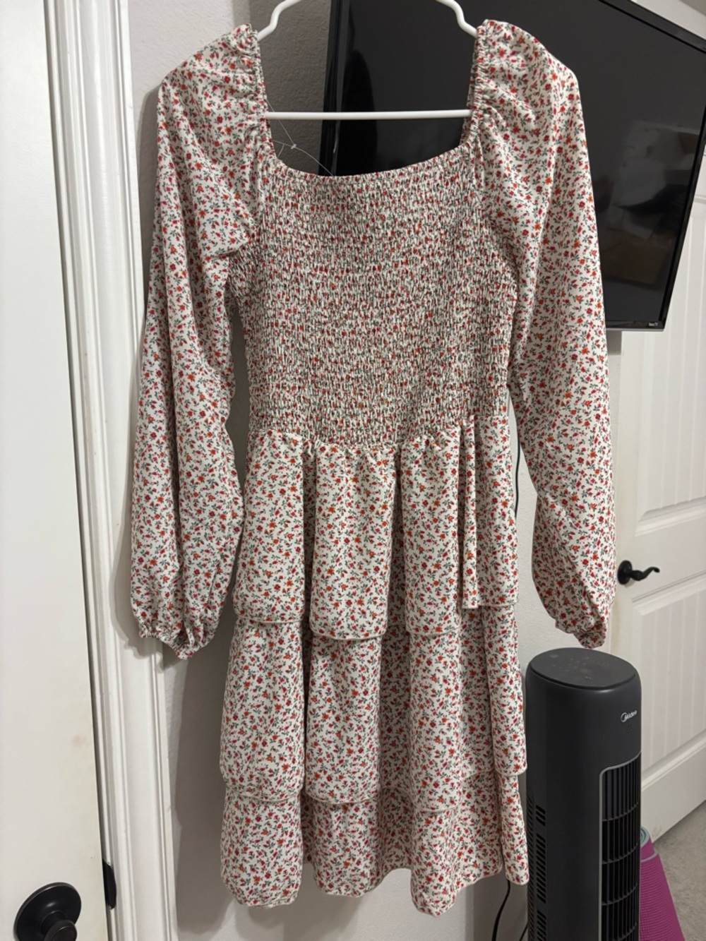 Smocked Tiered Floral Long Sleeve Dress - White with Red Floral